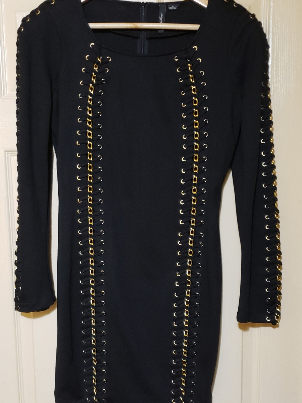 Aryn K. Black Long-Sleeve Bodycon Dress with Gold Eyelet Chain Detail
